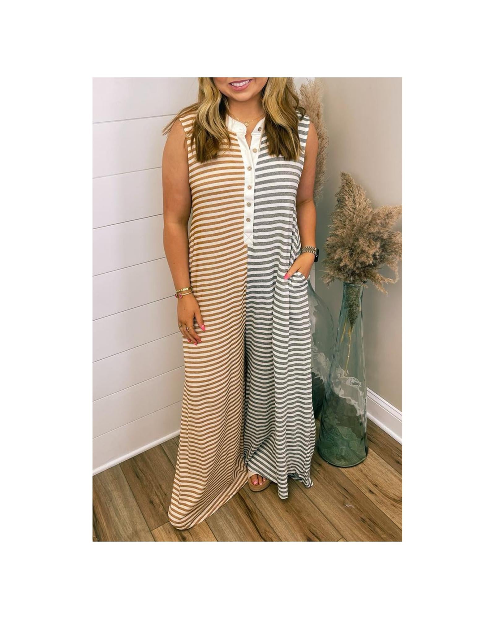 Gray Stripe Plus Size Color Block Buttoned Sleeveless Wide Leg Jumpsuit - 3X