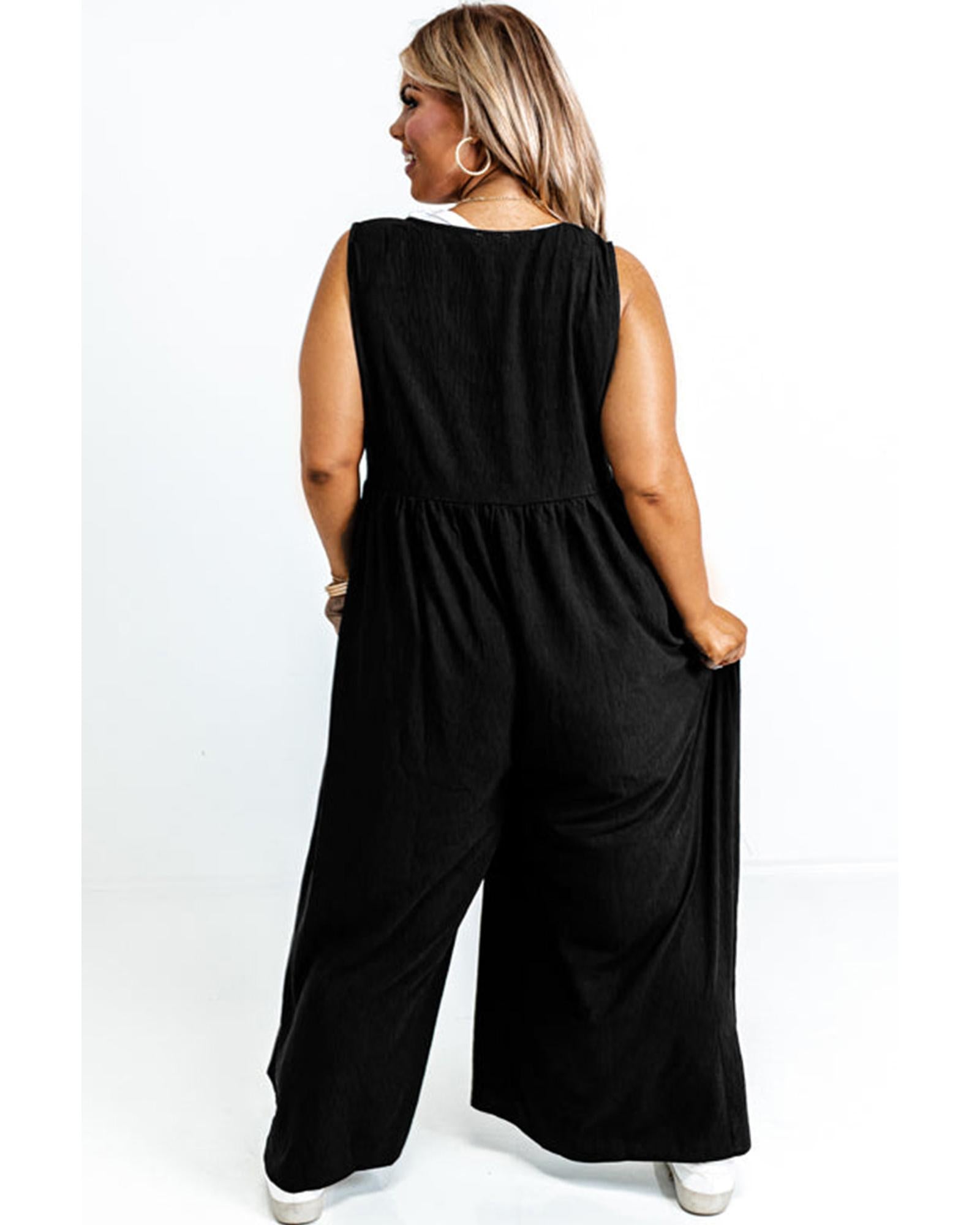 Black Plus Size Sleeveless Button Front Loose Jumpsuit - 1X