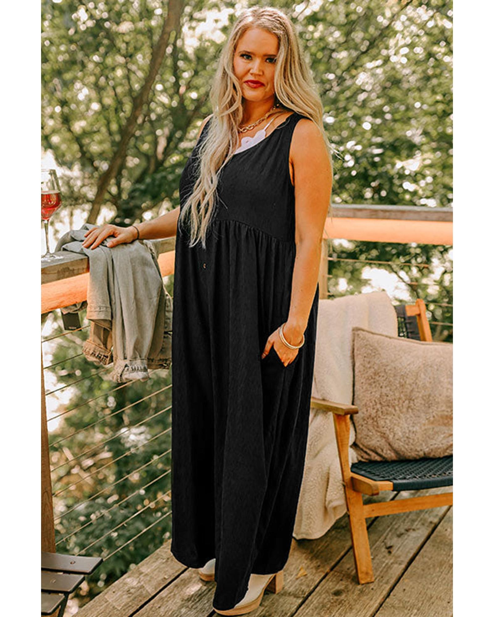 Black Plus Size Sleeveless Button Front Loose Jumpsuit - 1X