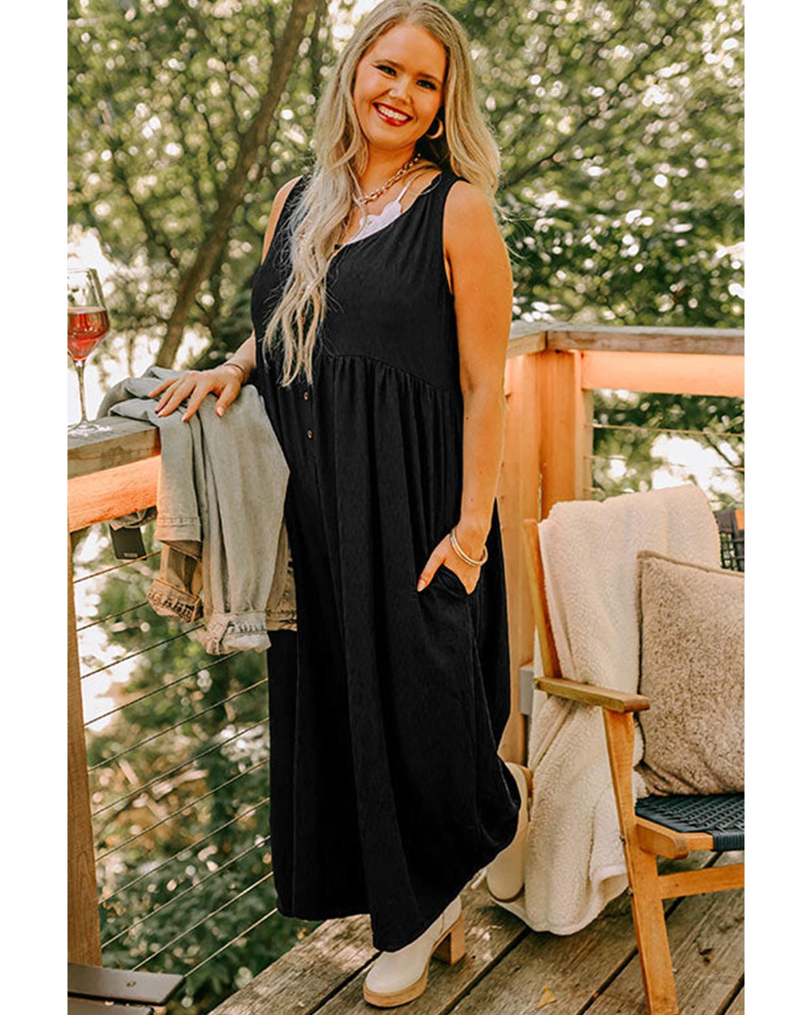 Black Plus Size Sleeveless Button Front Loose Jumpsuit - 1X