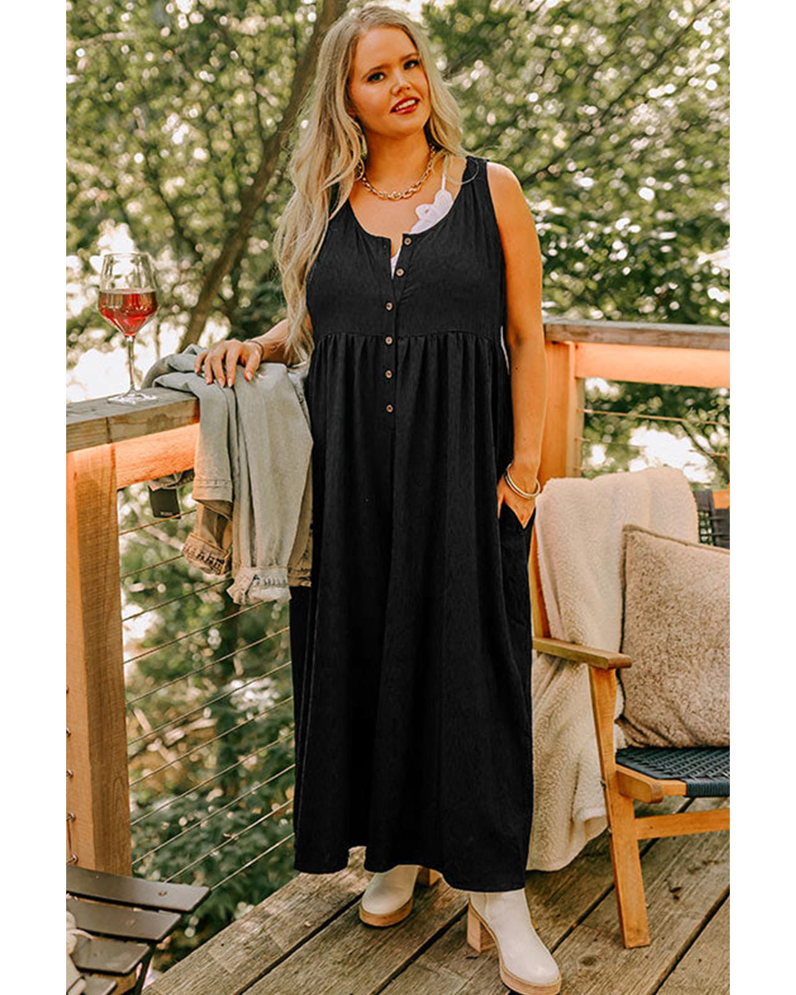 Black Plus Size Sleeveless Button Front Loose Jumpsuit - 1X