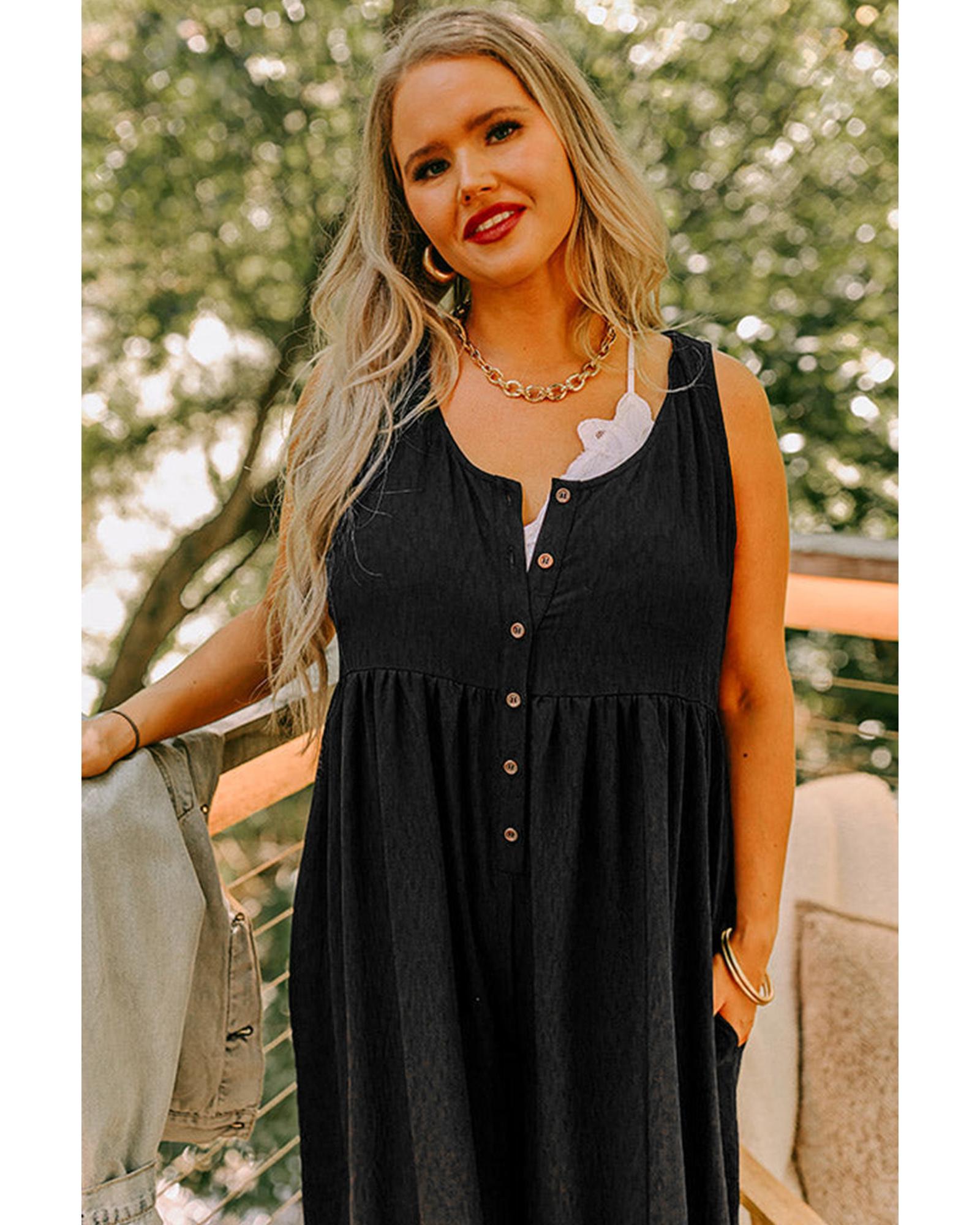 Black Plus Size Sleeveless Button Front Loose Jumpsuit - 1X