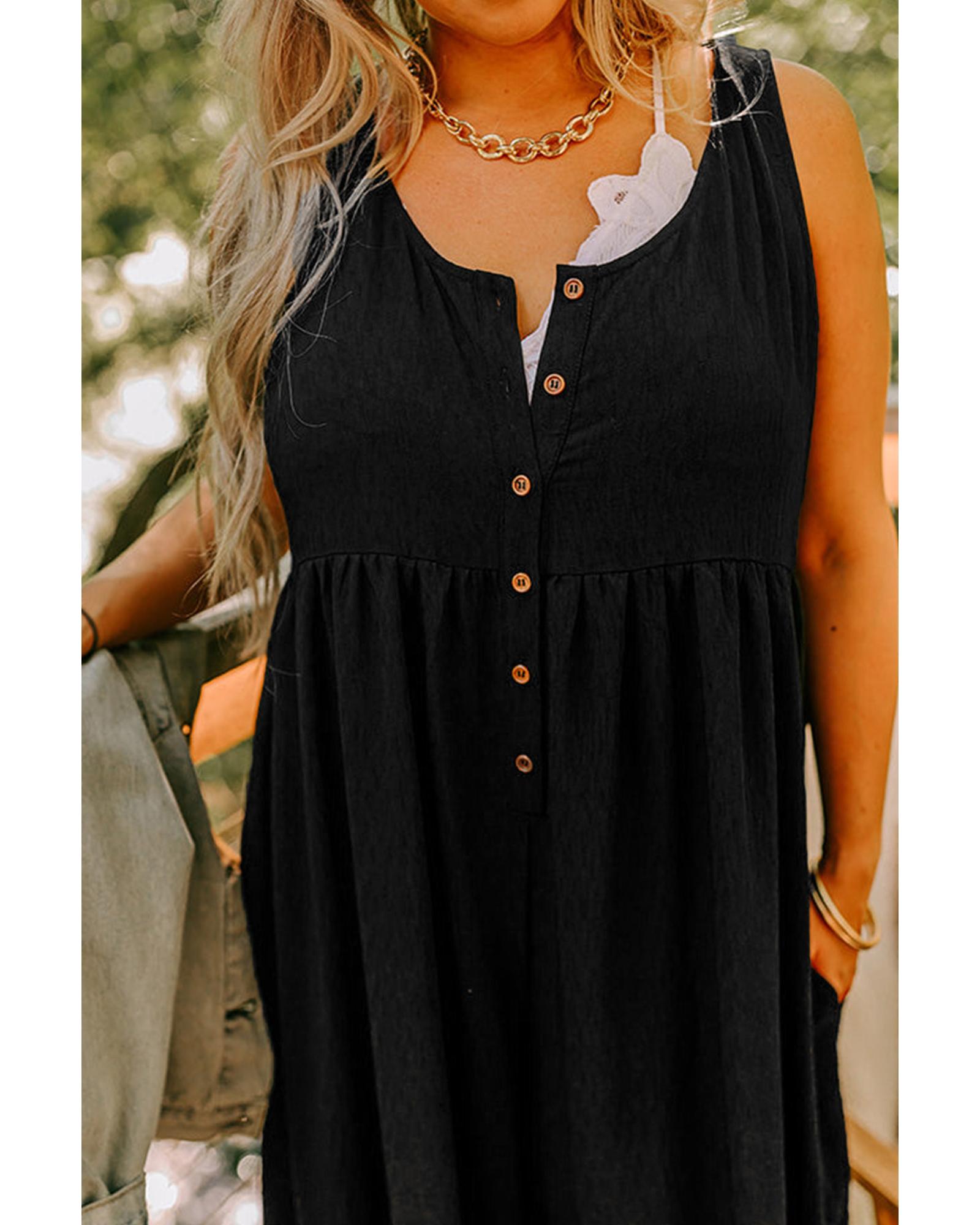 Black Plus Size Sleeveless Button Front Loose Jumpsuit - 1X
