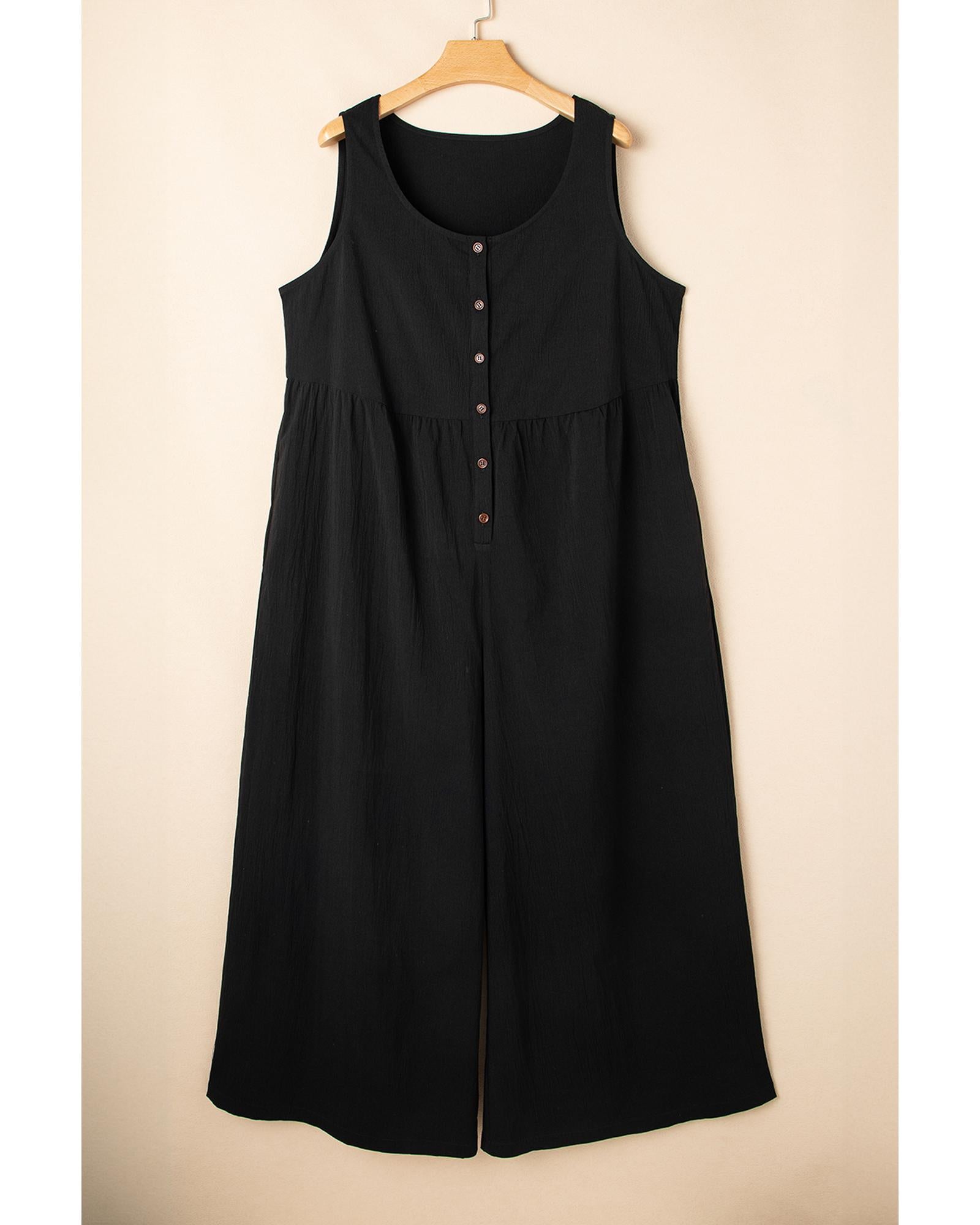 Black Plus Size Sleeveless Button Front Loose Jumpsuit - 1X