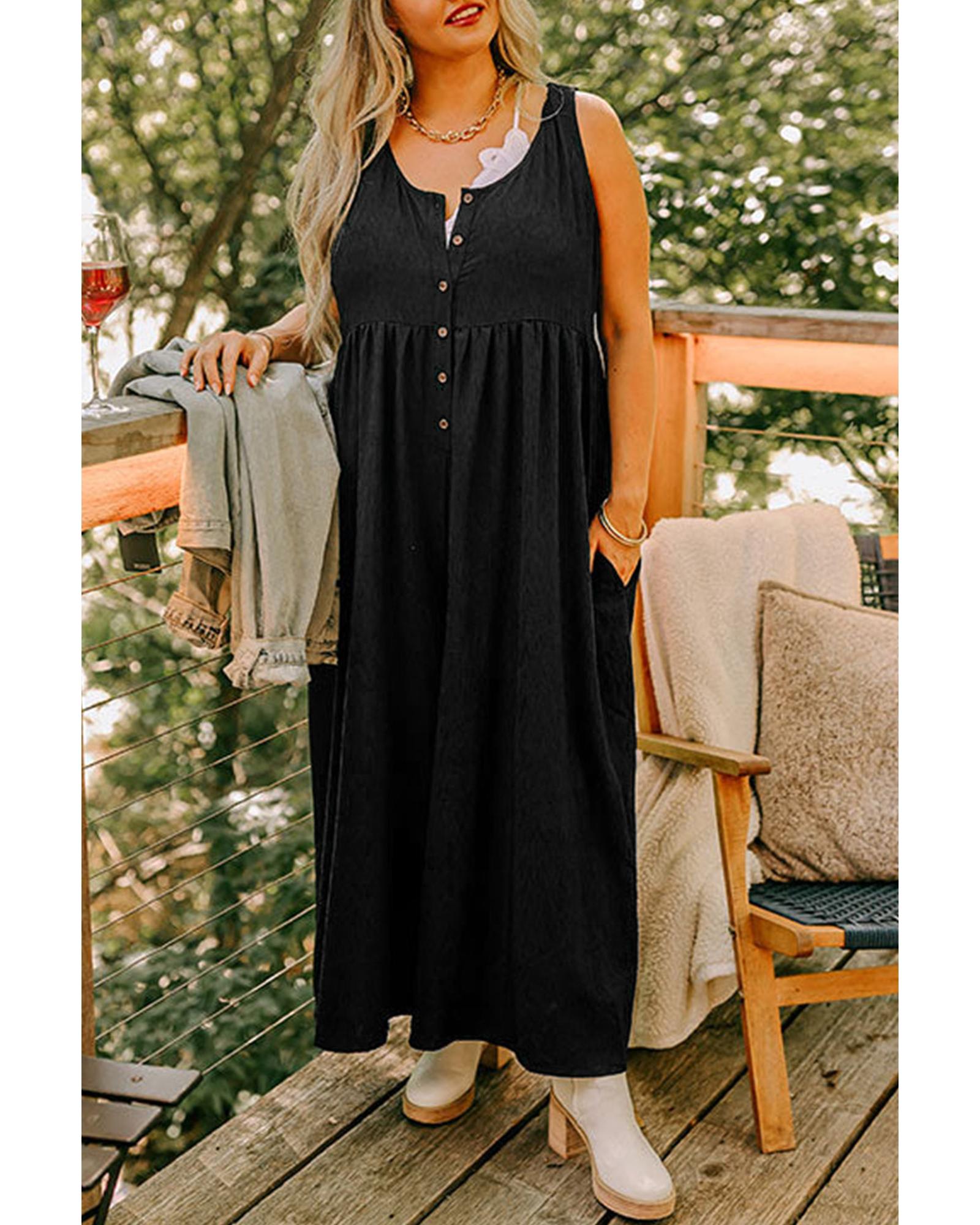 Black Plus Size Sleeveless Button Front Loose Jumpsuit - 4X