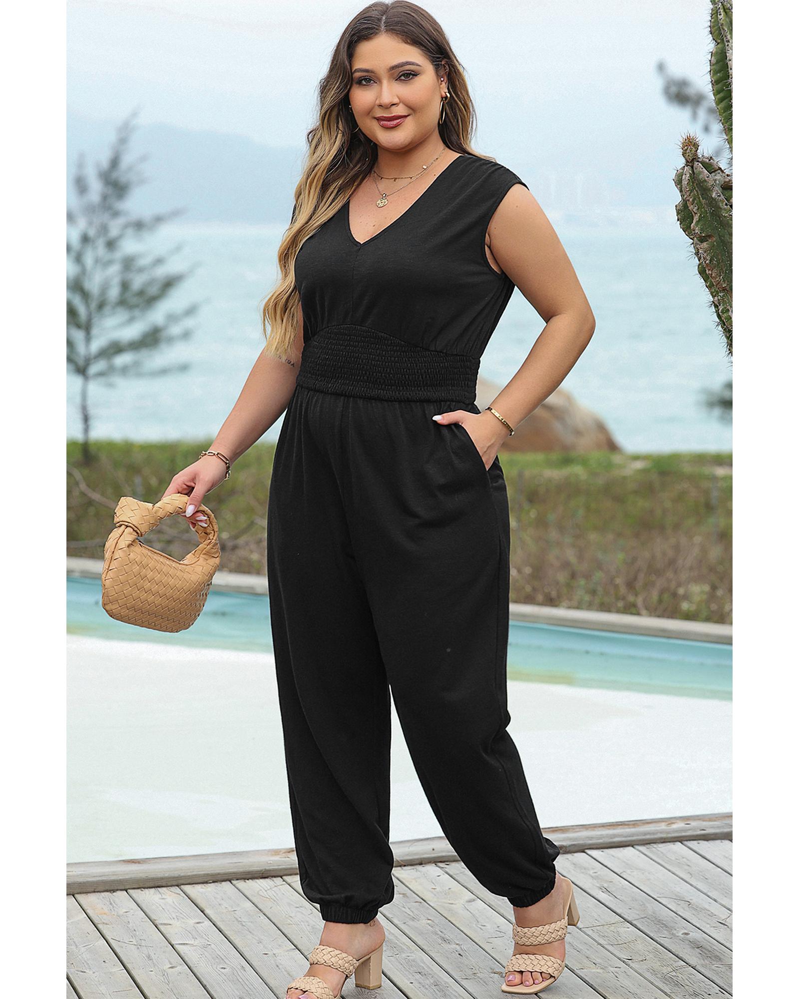 Black Plus Smocked High Waist Sleeveless V Neck Jumpsuit - 3X