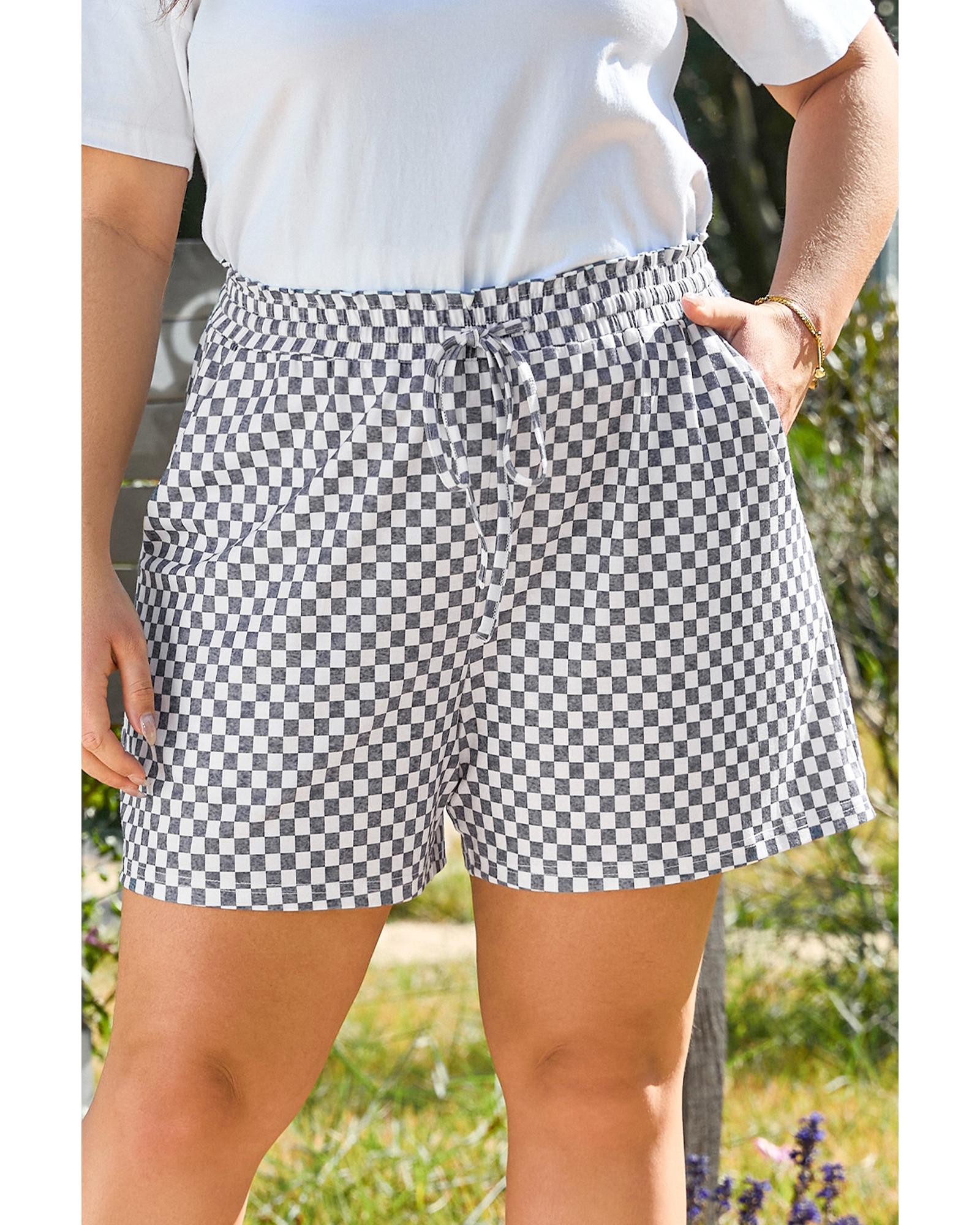 Gray Checkerboard Lace-Up High Waist Plus Size Casual Shorts - 3X
