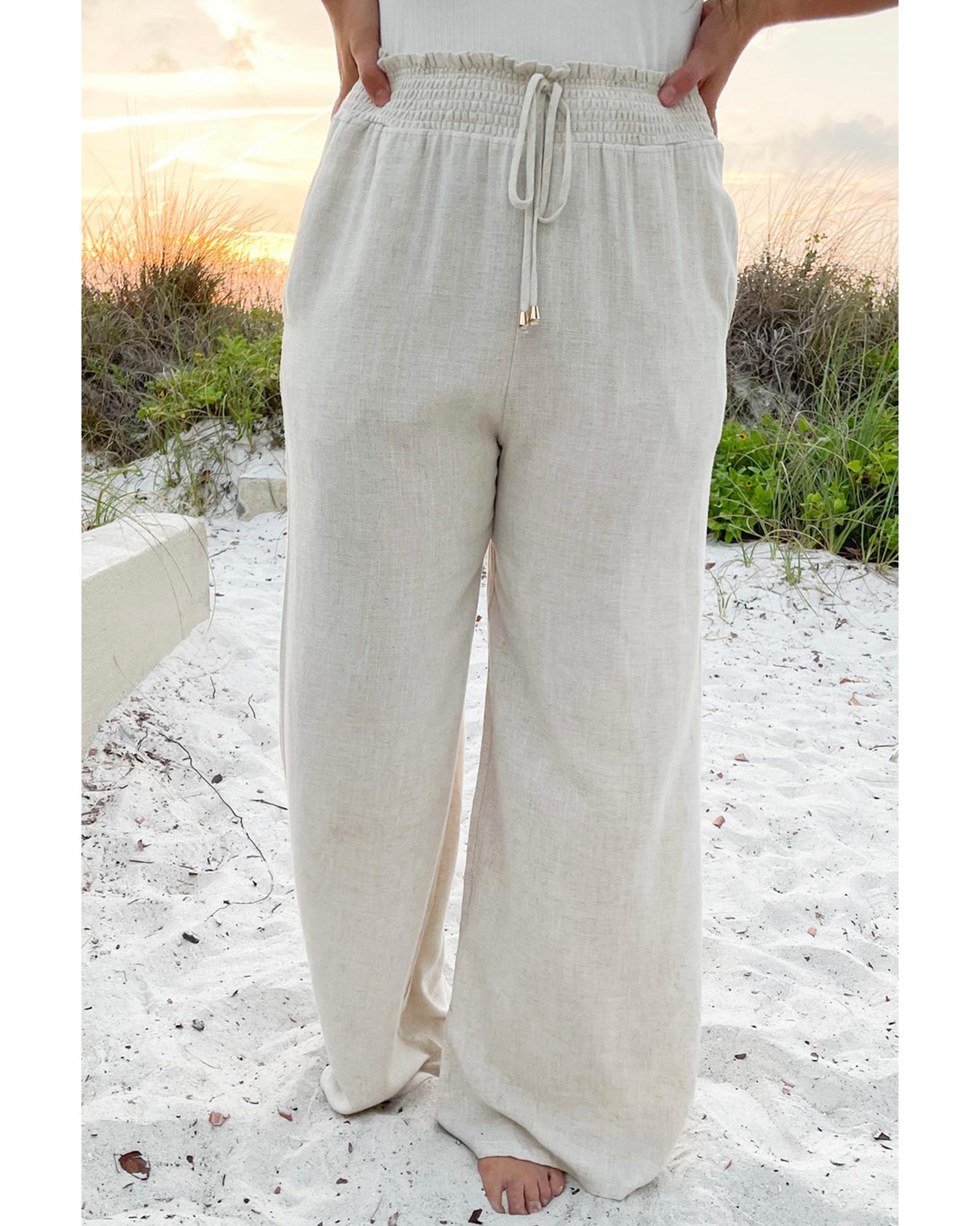 Beige Smocked High Waist Wide Leg Plus Size Pants - 1X