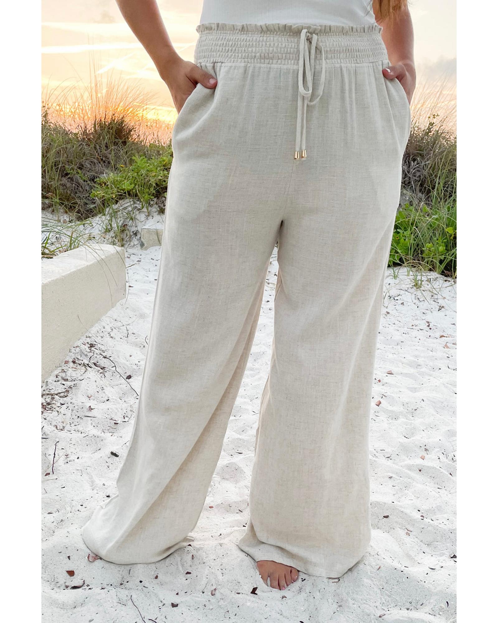 Beige Smocked High Waist Wide Leg Plus Size Pants - 4X