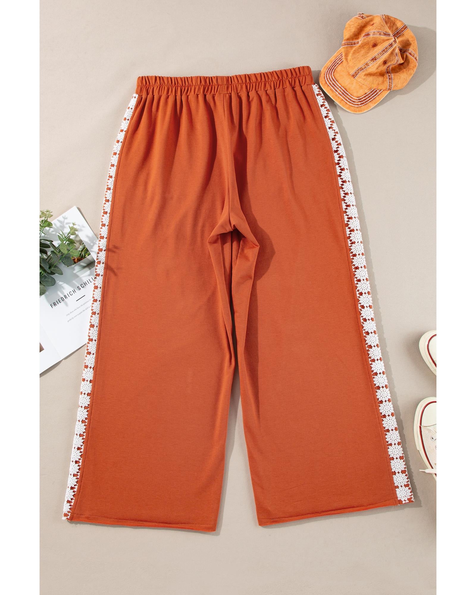 Azura Exchange Gold Flame Plus Size Floral Crochet Patch Drawstring Wide Leg Pants - 1X