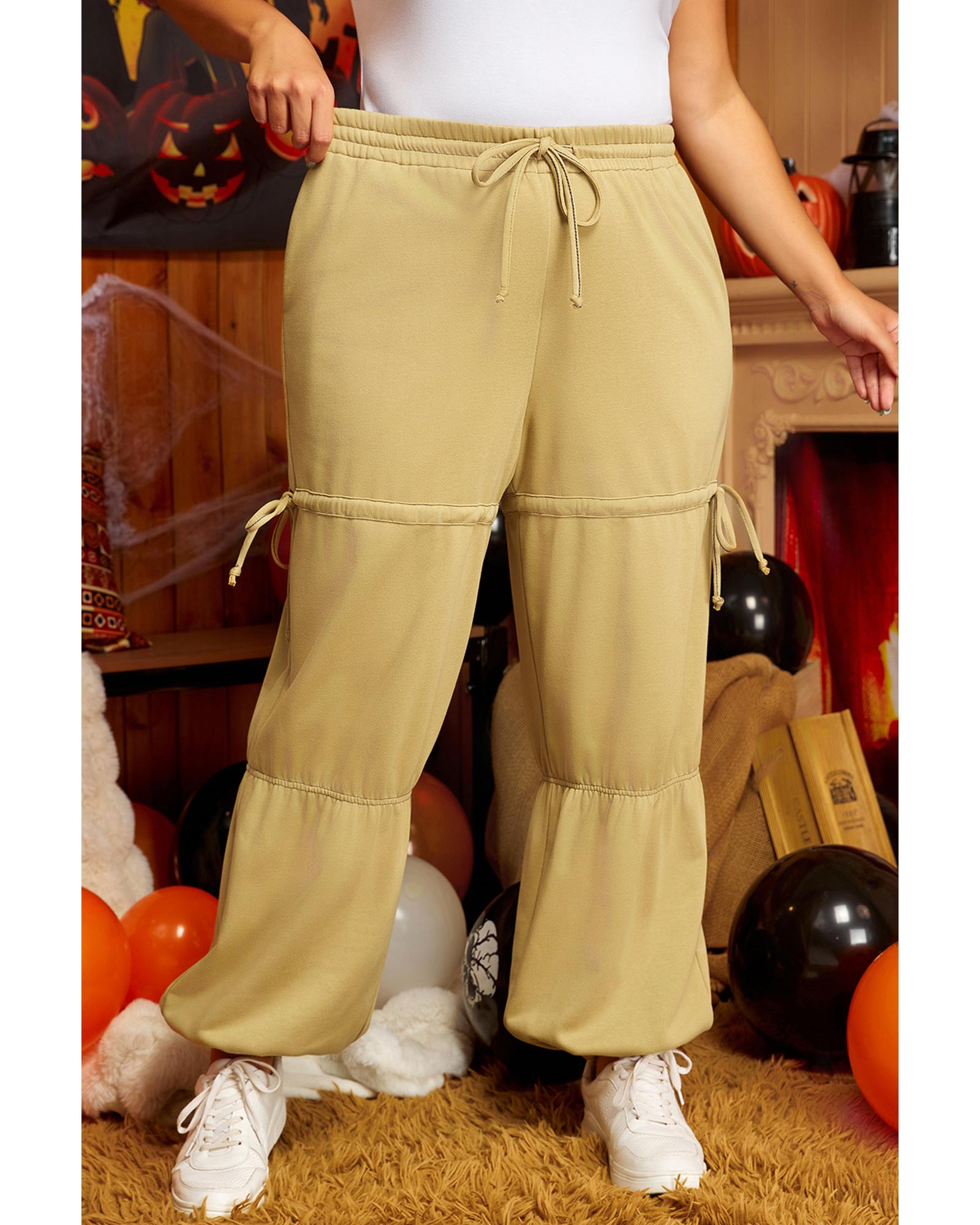 Beige Drawstring Adjusted Band High Waist Plus Size Pants - 4X