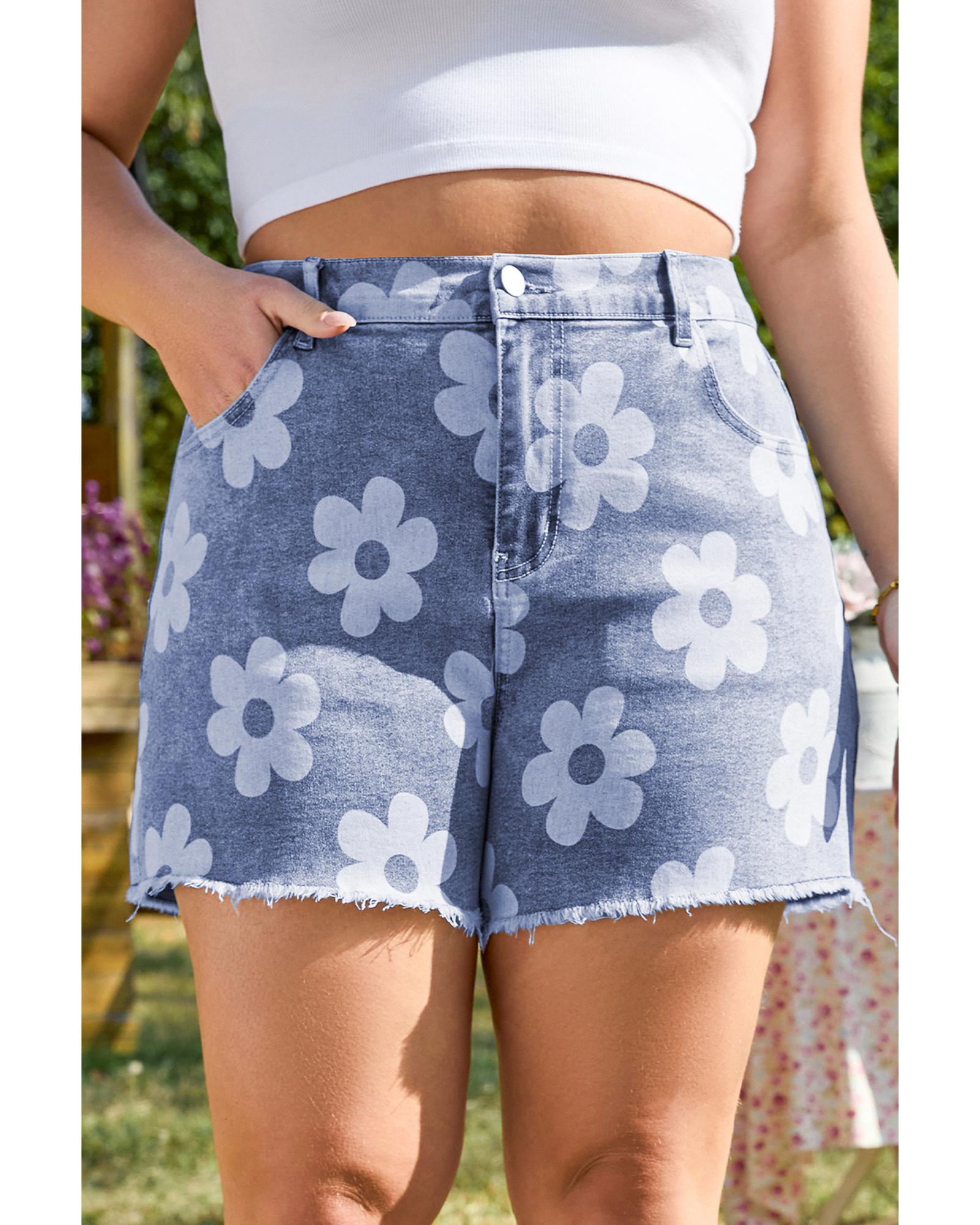 Ashleigh Blue Floral Pattern High Waist Raw Hem Plus Size Denim Shorts - 4X