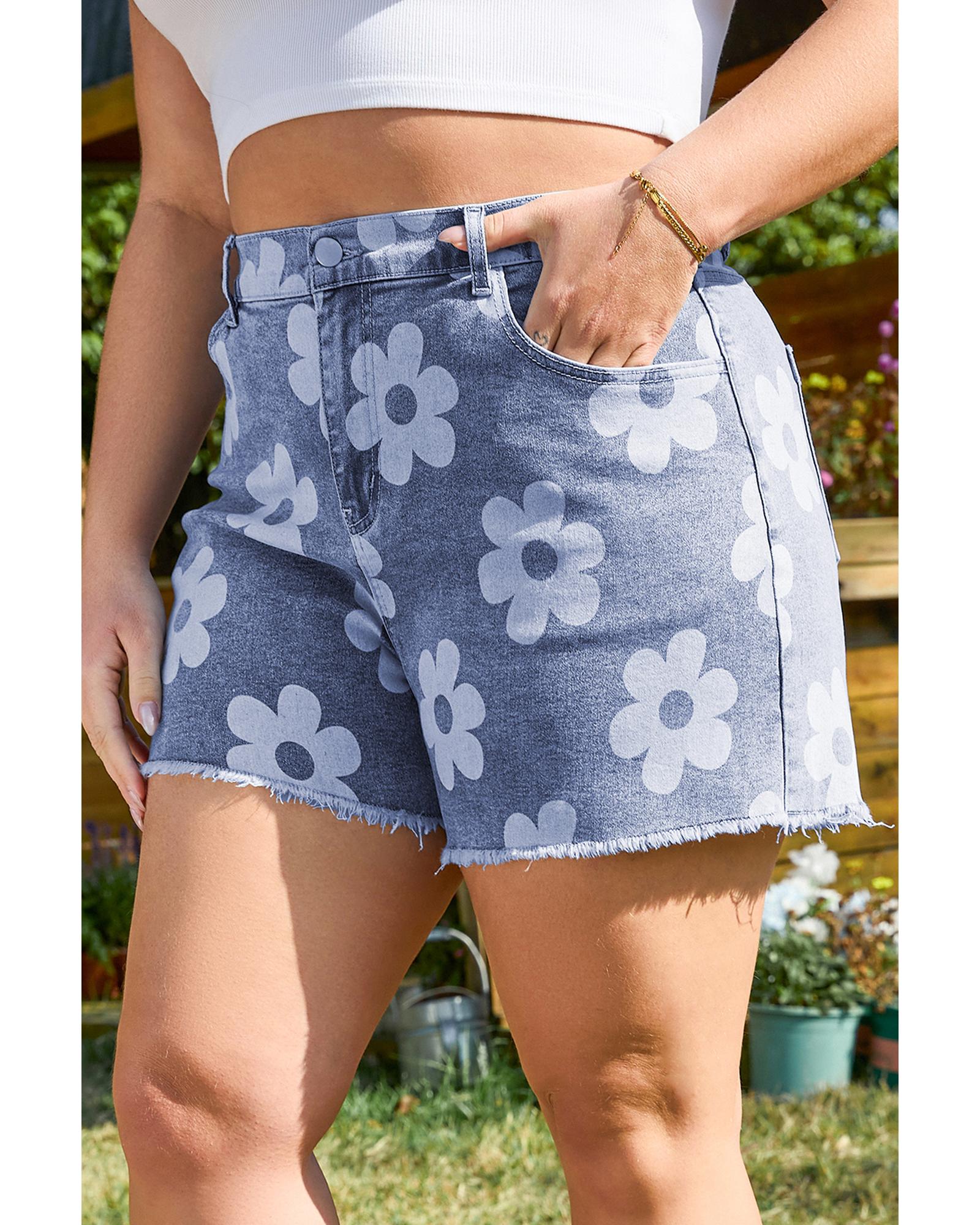 Ashleigh Blue Floral Pattern High Waist Raw Hem Plus Size Denim Shorts - 4X