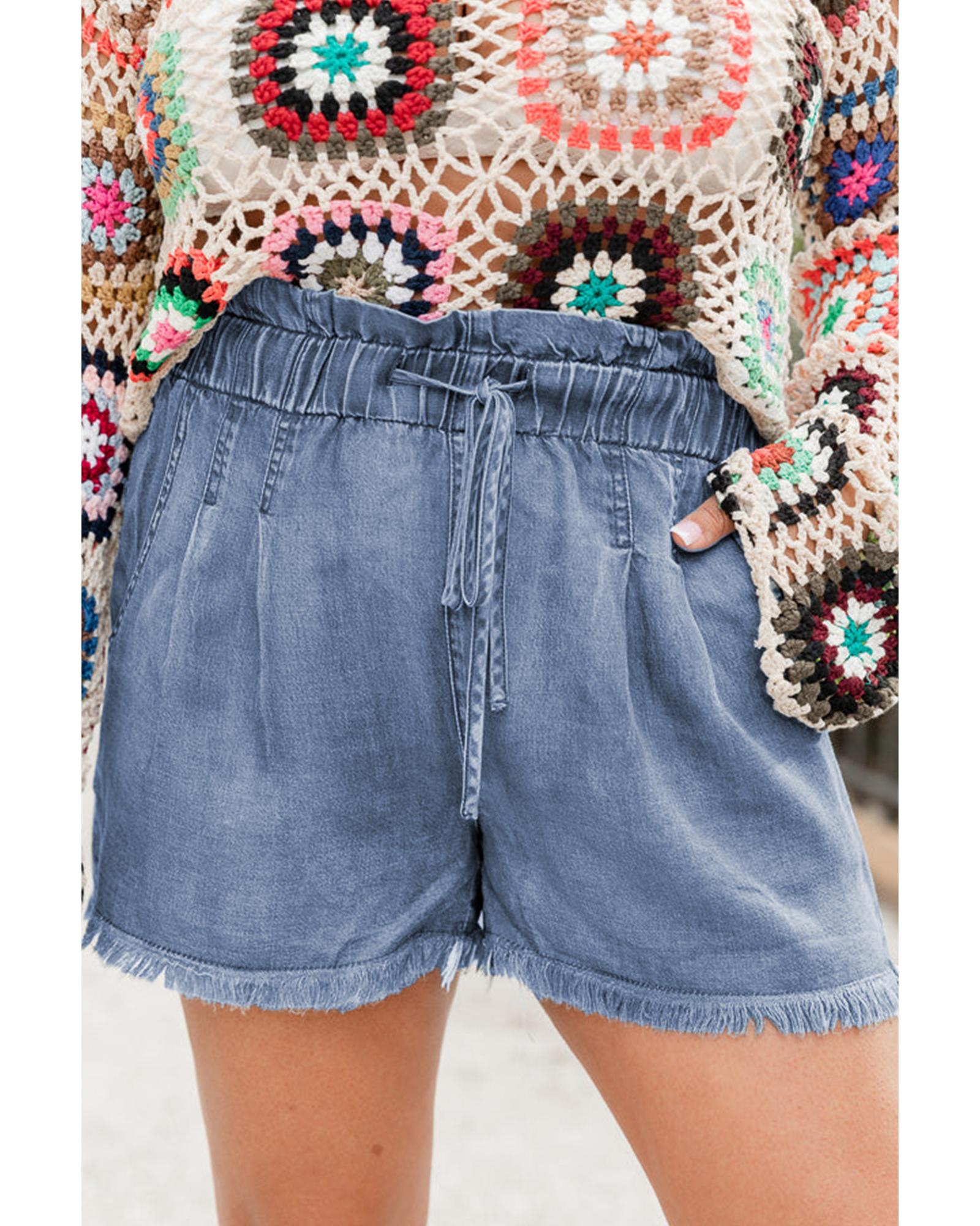 Dusk Blue Raw Hem Lace-up High Waist Plus Size Denim Shorts - 3X