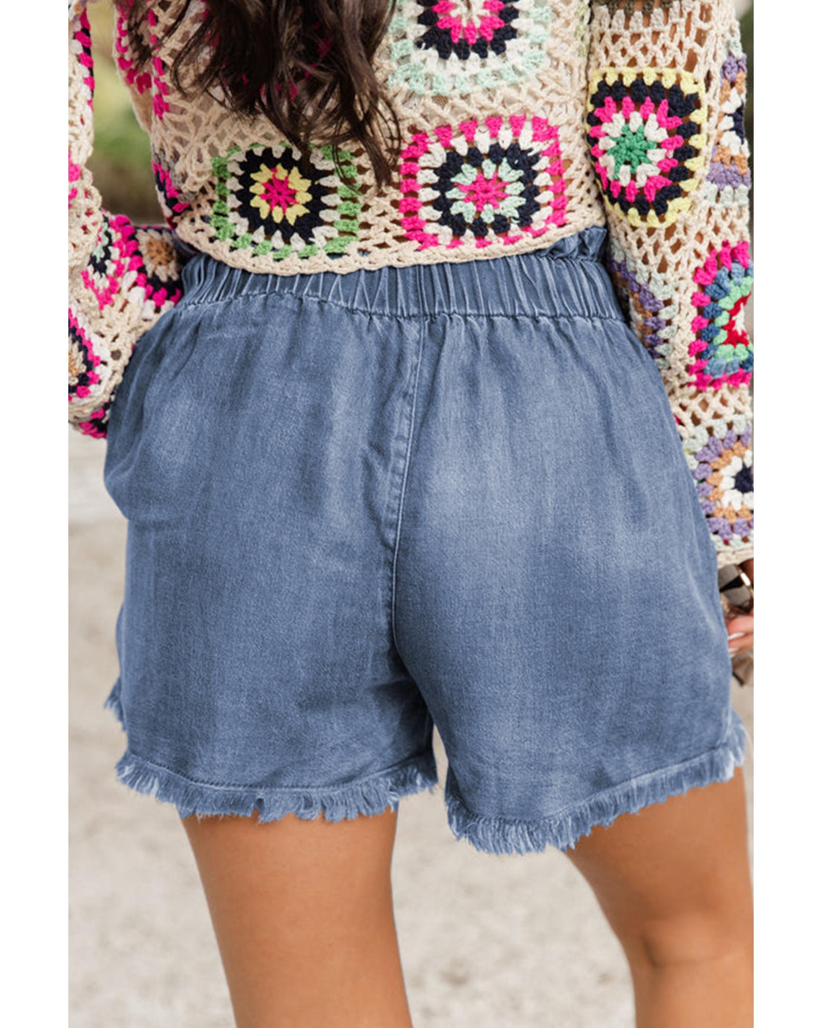 Dusk Blue Raw Hem Lace-up High Waist Plus Size Denim Shorts - 4X