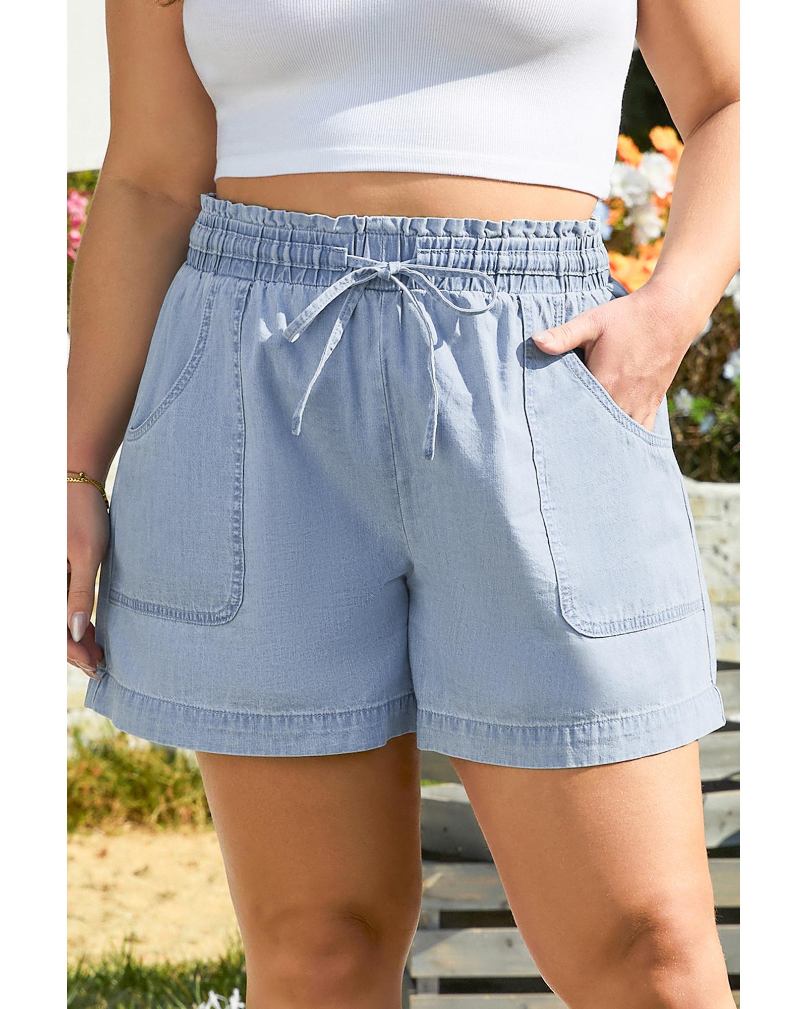 Beau Blue Pocketed Drawstring High Waist Plus Size Denim Shorts - 3X
