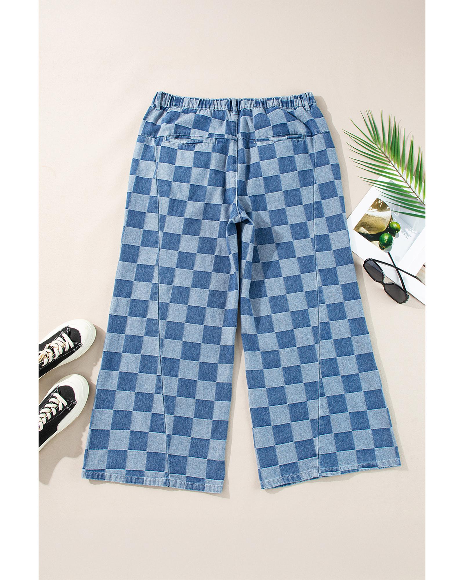 Azura Exchange Dusk Blue Plus Size Checkered Seamed High Waist Wide Leg Jeans - 4X