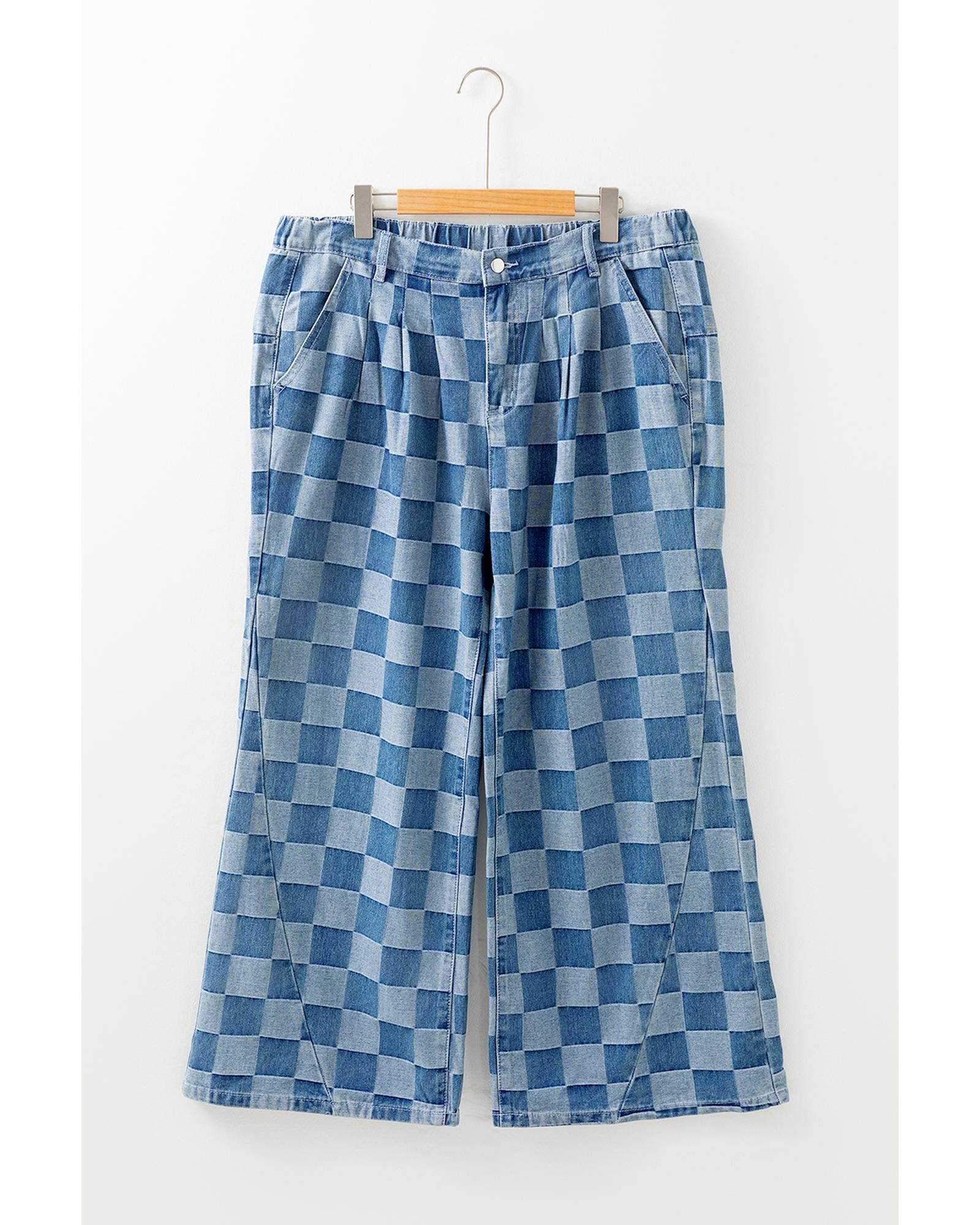 Azura Exchange Dusk Blue Plus Size Checkered Seamed High Waist Wide Leg Jeans - 4X