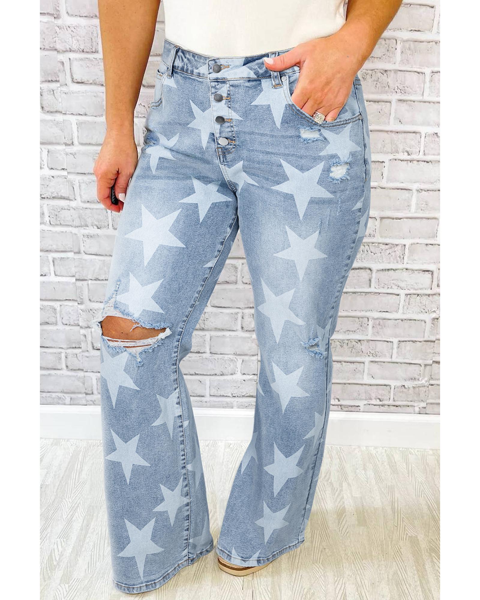 Sky Blue Star Printed Multi Buttons Slit Knee Destroyed Plus Size Jeans - 2X