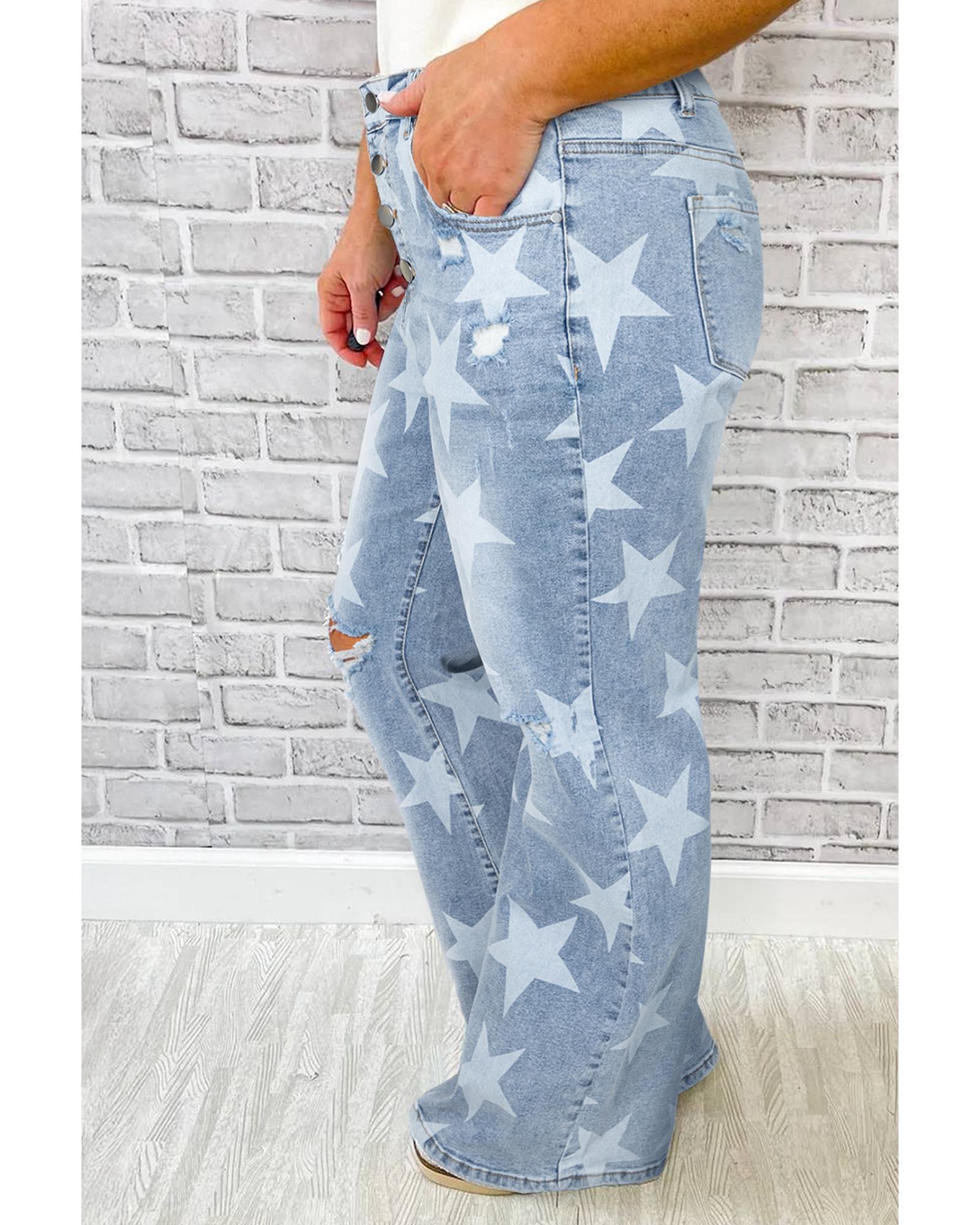 Sky Blue Star Printed Multi Buttons Slit Knee Destroyed Plus Size Jeans - 4X