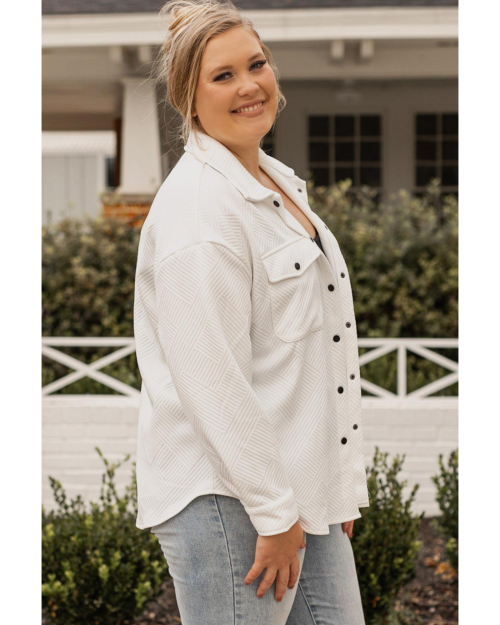 Beige Plus Size Textured Flap Pockets Jacket - 3X