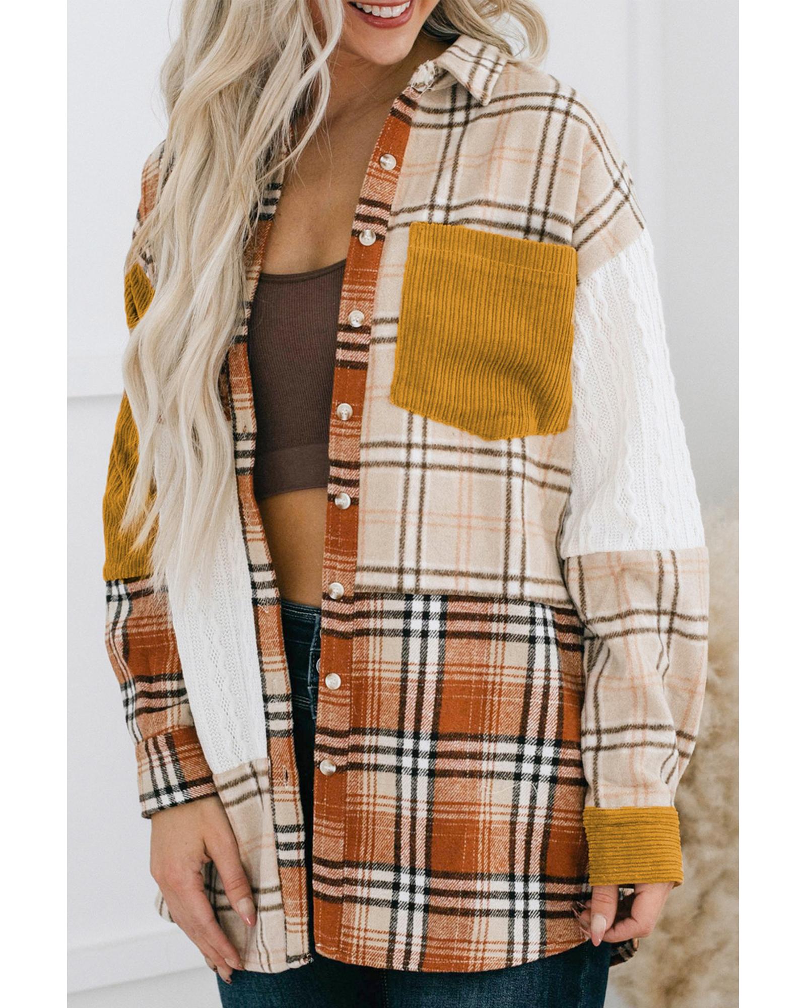 Gold Brick Plus Size Plaid Patchwork Button up Shacket - 1X