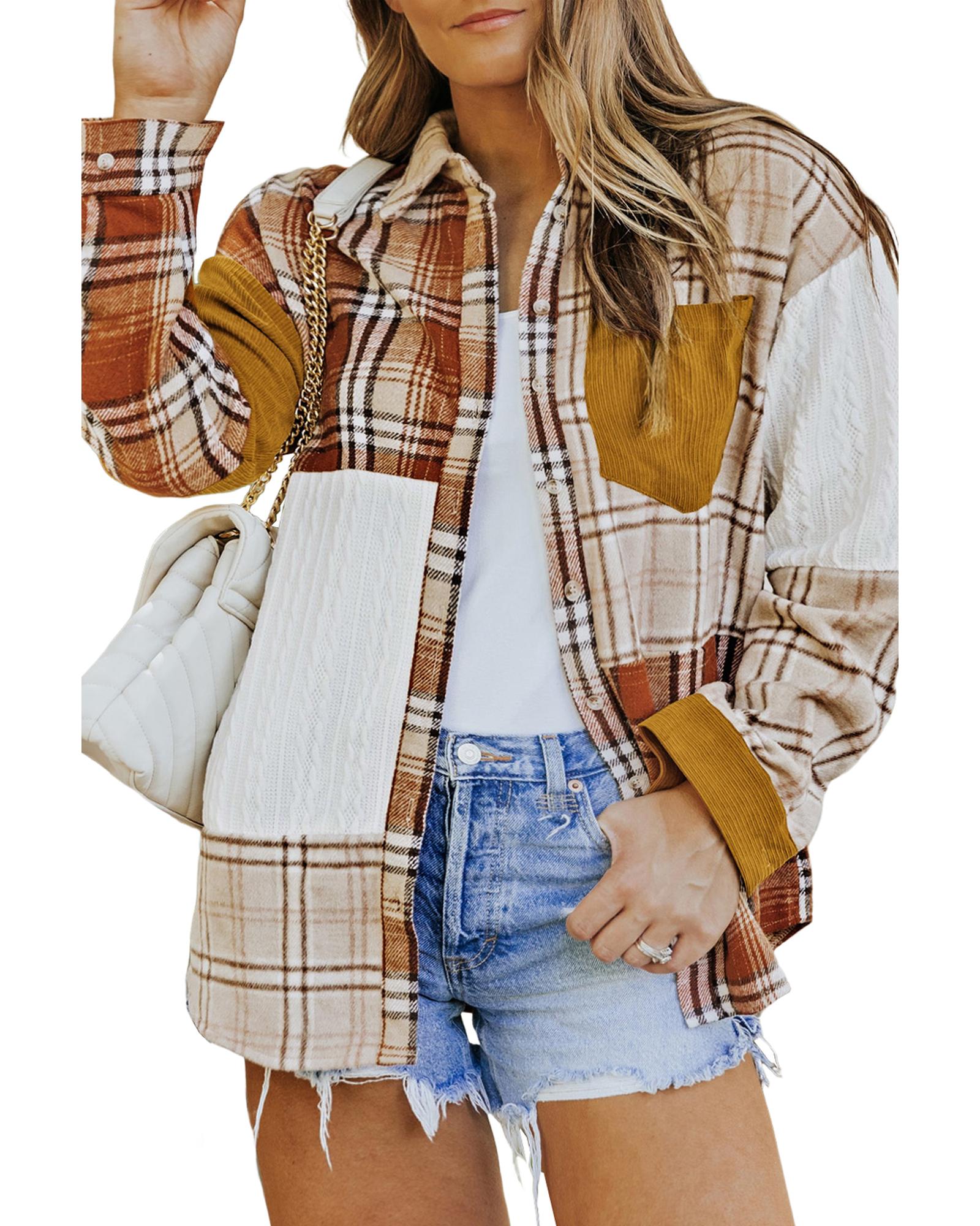Gold Brick Plus Size Plaid Patchwork Button up Shacket - 1X