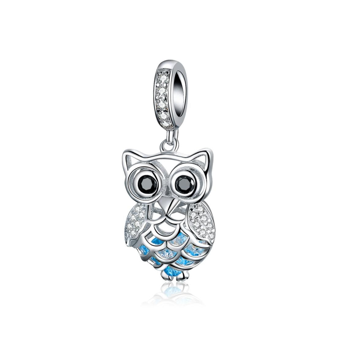 925 Sterling Silver Blue Zircon Owl Pendant For Diy Bracelets Movable Style - Pendant