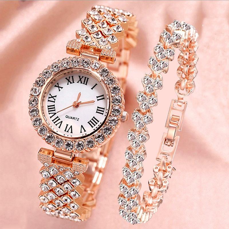 Rose Gold Roman Diamond Watch & Bracelet Set