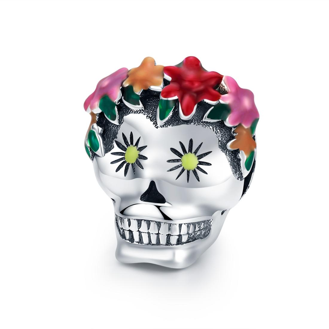 925 Sterling Silver Colorful Enamel Flower Skull Charms Bracelet