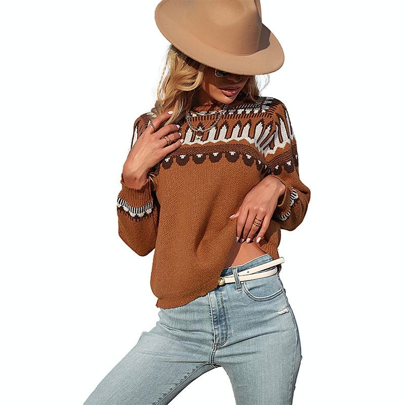 Fall Winter Women Knitted Long Sleeve Sweater Pullover Brown - S