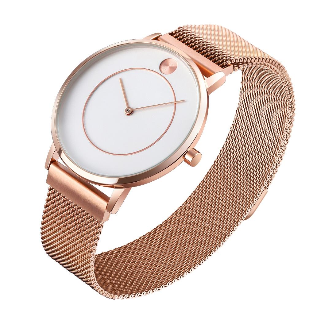 Women Metal Mesh Quartz Watch with Non-scale Dial - Rose Gold White Surface