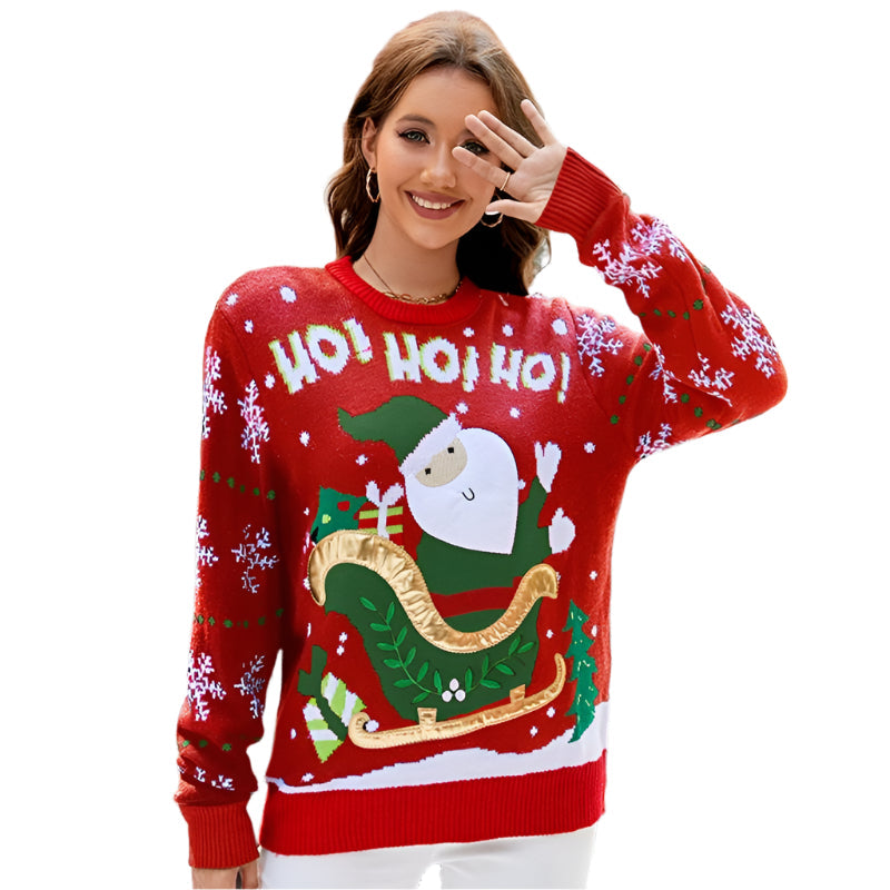 Women Santa Sweater Sweet Embroidery Pullover Knit Sweater - Black - M