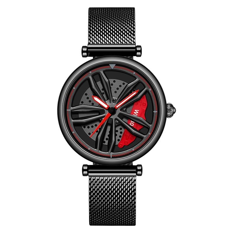 Women Quartz Watch with 3d Hollow out Wheel Design - Black Red
