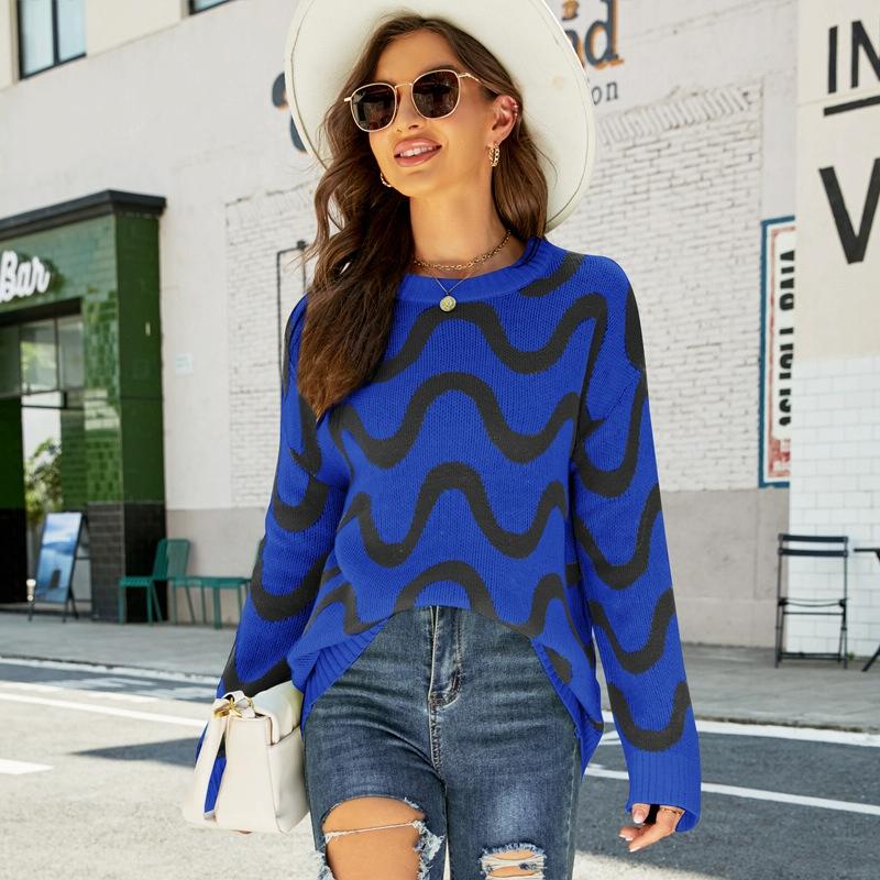Women Casual Pullover Sweater Round Neck Wave Pattern Collision Colour Knitted Sweater - Size Xl Black - Black