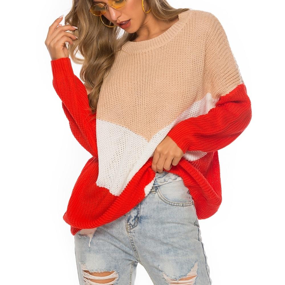 Hinged Knit Net Stitching Loose Sweater Round Neck Bottoming Shirt For Women Red - S