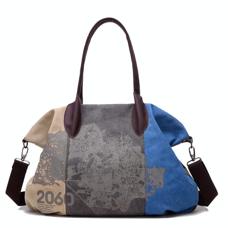 Blue Graffiti Canvas Shoulder Bag - Large Capacity