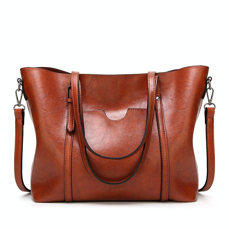 Stylish All-match Leather Handbag - Wax Finish - Khaki