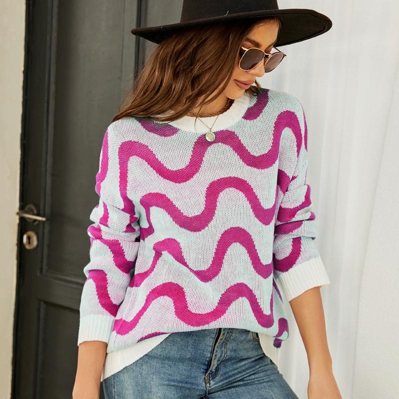 Women Casual Pullover Sweater Round Neck Wave Pattern Collision Colour Knitted Sweater - Size M Black - Pink