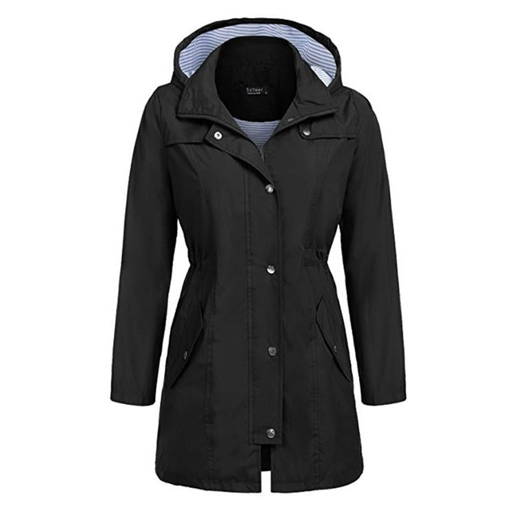 Casual Women Waterproof Waist Hooded Long Coat - Size XL - Black