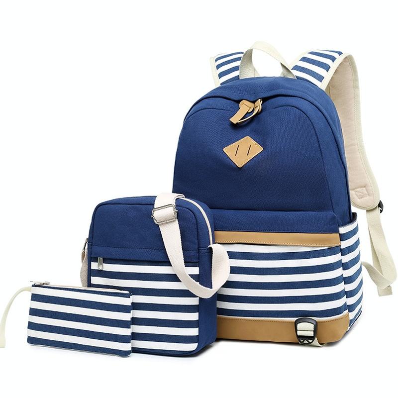 Printed Canvas Backpack Set - 3 Pieces - Navy Blue