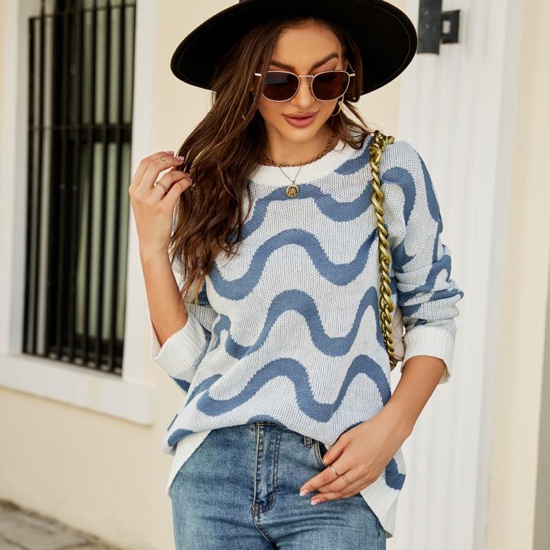Women Casual Pullover Sweater Round Neck Wave Pattern Collision Colour Knitted Sweater - Size M Black - Blue