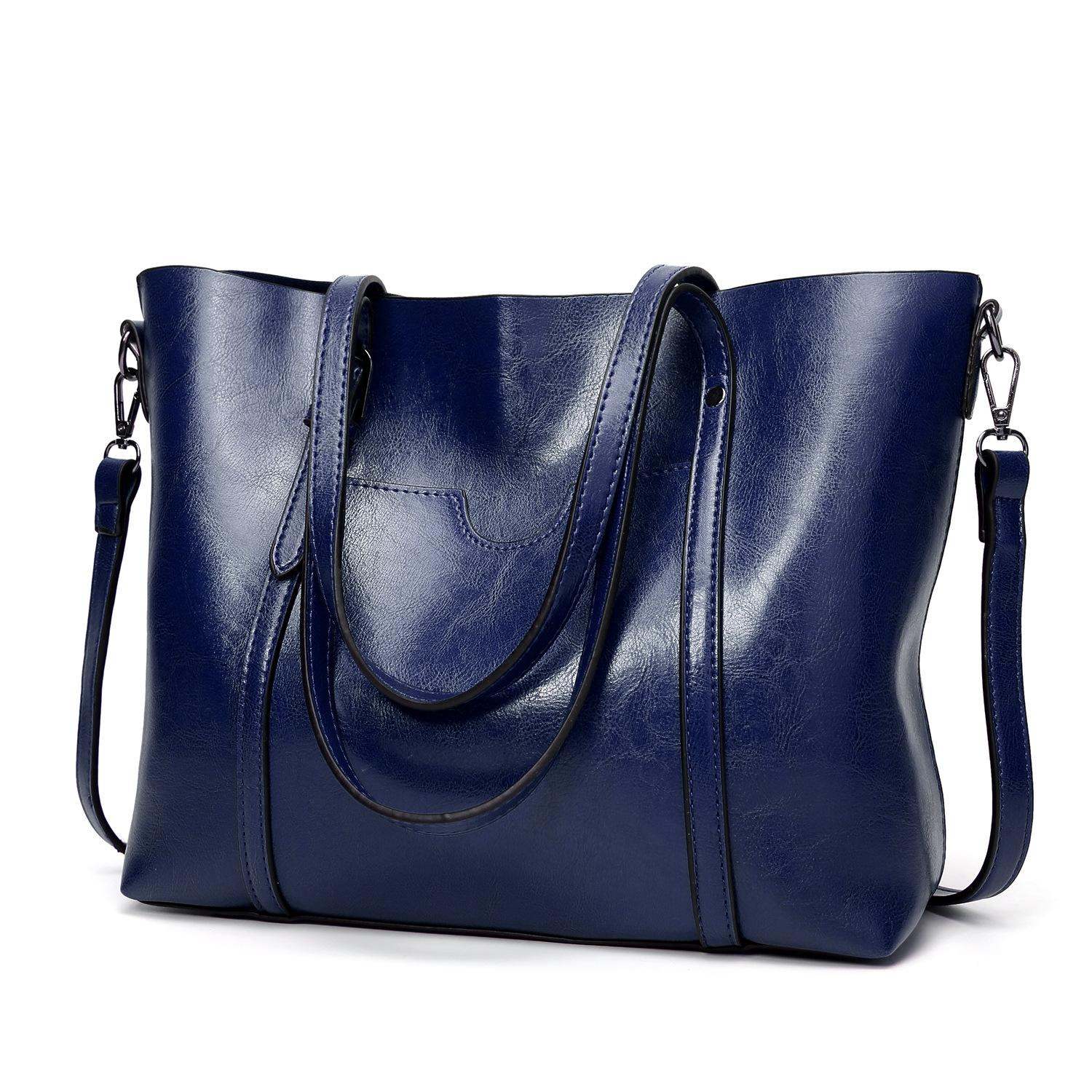Stylish All-match Leather Handbag - Wax Finish - Navy Blue