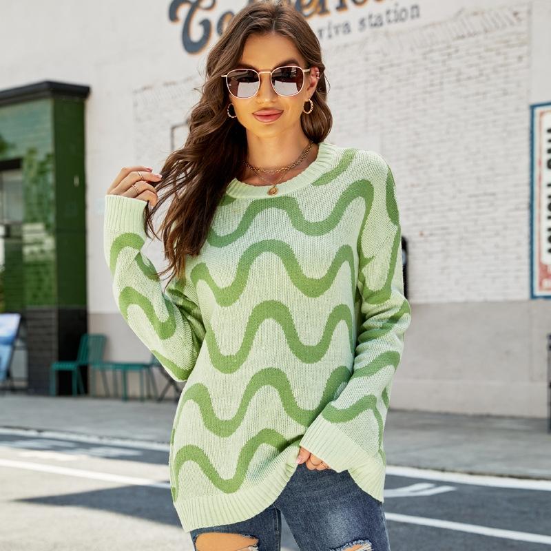 Women Casual Pullover Sweater Round Neck Wave Pattern Collision Colour Knitted Sweater - Size Xl Black - Green