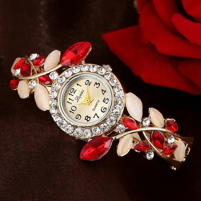 Vintage Floral Bracelet Watch for Women with Diamond Accents - Red