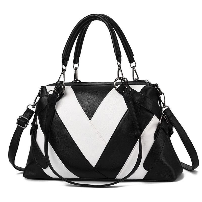 Soft Leather Geometric Handbag - Colourblock - Black White