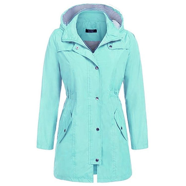 Casual Women Waterproof Waist Hooded Long Coat - Size XL - Water Blue