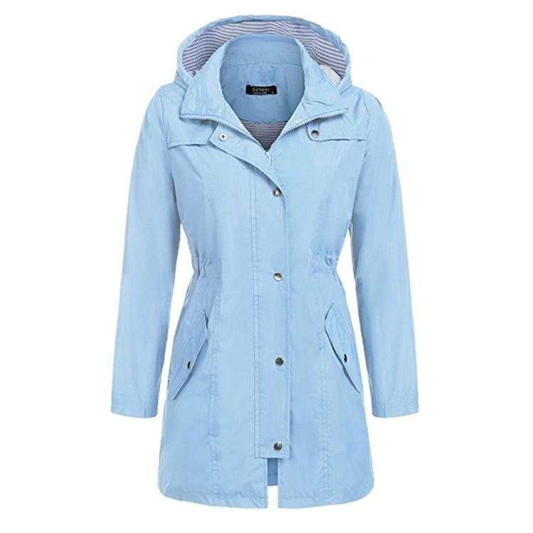 Casual Women Waterproof Waist Hooded Long Coat - Water Blue - Xxl