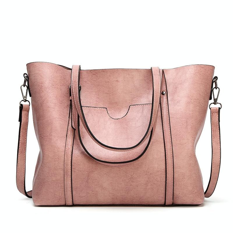 Stylish All-match Leather Handbag - Wax Finish - Pink