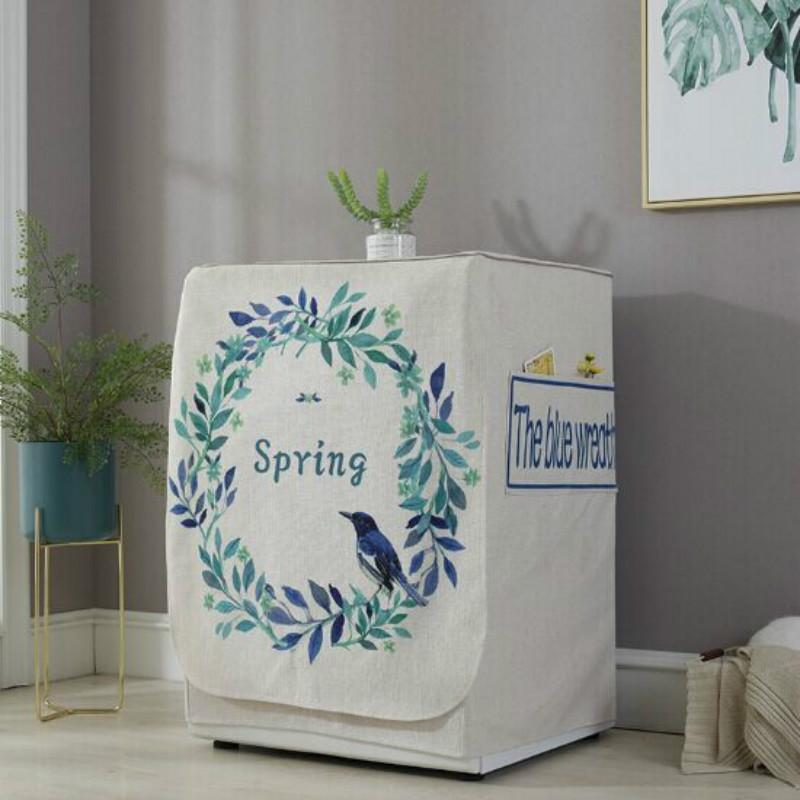 Cartoon Cotton Linen Drum Roller Washing Machine Dust Cover - 83x60x60cm Size - Blue Flower
